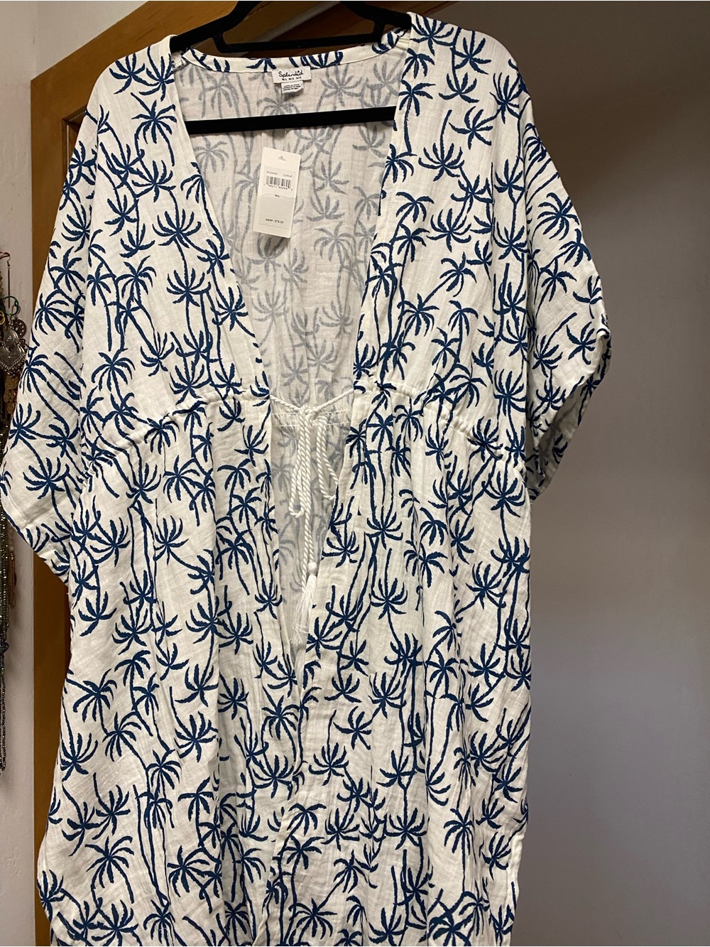 Splendid White Cover-Up with Navy Palm Print